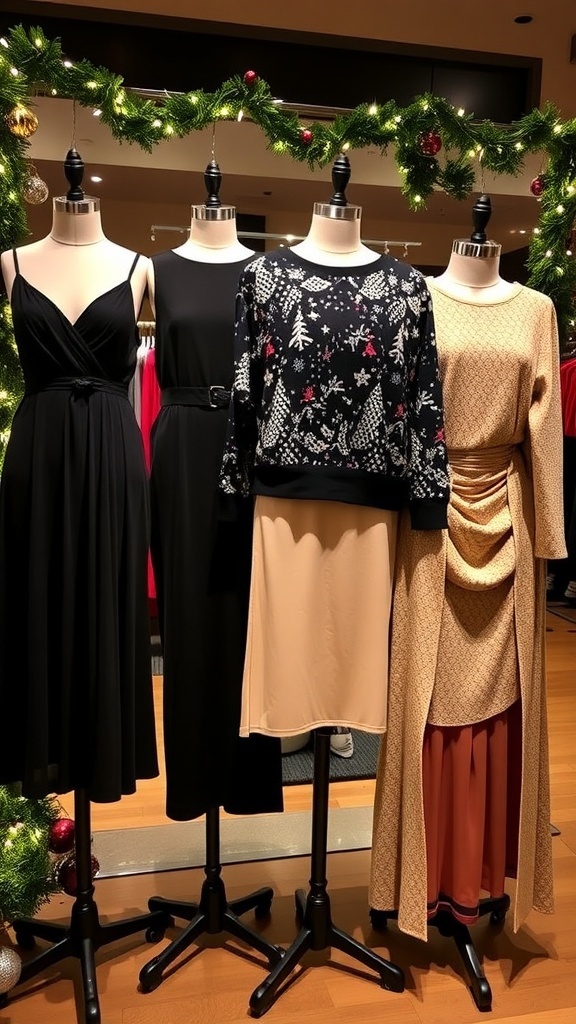 A collection of fashionable Christmas party outfits for winter in New York, including a black dress, jumpsuit, sweater, sequined top, and layered attire.